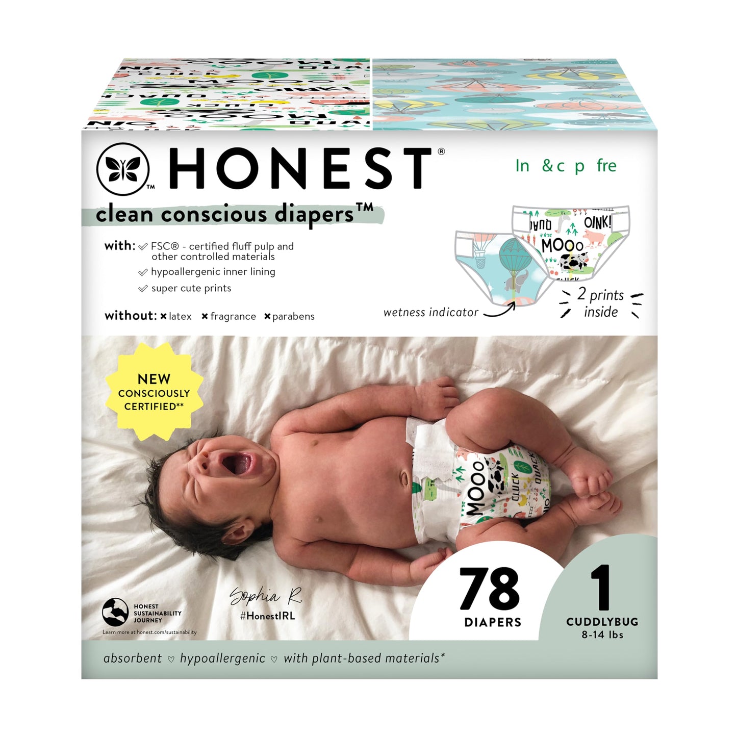 The Honest Company Pañales Clean Conscious | A base de plantas, sostenible | Por encima de todo + Barnyard Babies | Club Box, tamaño 1 (8-14 lbs), 78 unidades