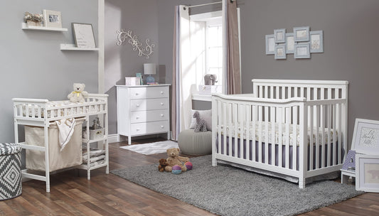 Sorelle Furniture Palisades 3-Piece Nursery Set with 4-in-1 Convertible Crib, 4-Drawer Dresser,and Changing Table with Hamper, Baby Furniture Made of Wood,Non-Toxic Finish,Nursery Furniture Set-White