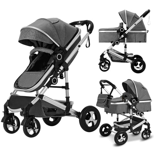 Kinder King 2 in 1 Convertible Baby Stroller, Folding High Landscape Infant Carriage, Newborn Reversible Bassinet Pram, Adjustable Canopy, Diaper Bag, Anti-Shock Toddler Pushchair Dark Grey