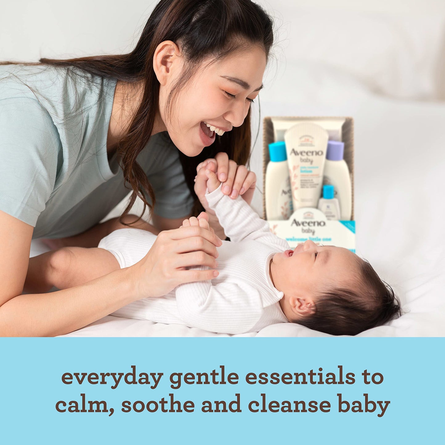 Aveeno Baby Welcome Little One Cesta de regalo, juego de cuidado de la piel para bebé con gel de baño y champú para bebé, gel de baño calmante, toallitas para todo el bebé y loción hidratante diaria, 5 artículos