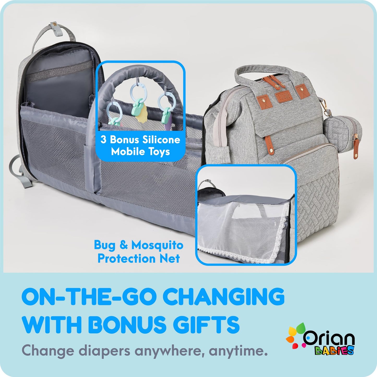 Orian Diaper Bag Backpack, Diaper Bag with Baby Changing Station, Large Travel Diaper Bag, Mosquito Net, USB Charging Port, Waterproof Unisex Baby Bag - 3 bonus gifts