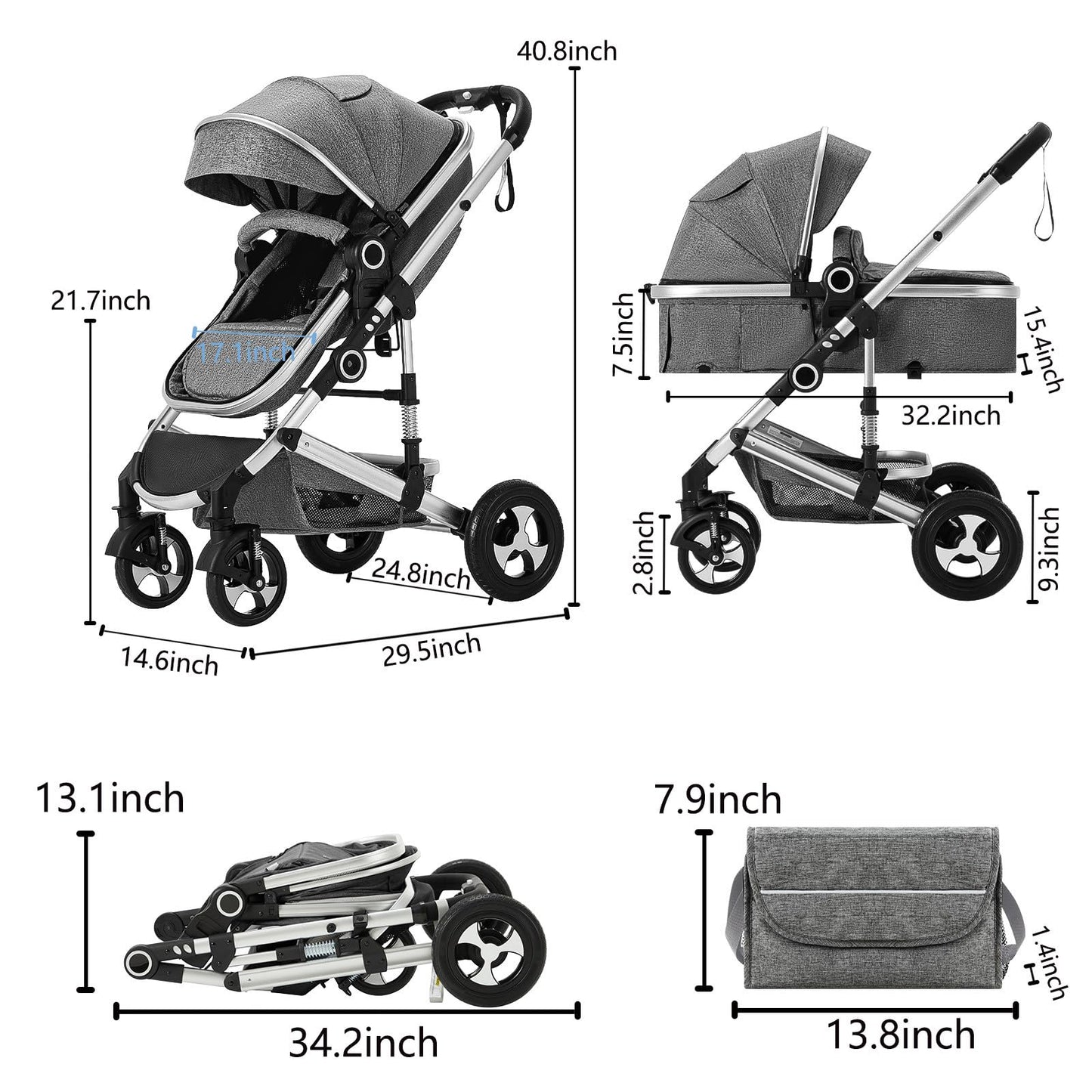 Kinder King 2 in 1 Convertible Baby Stroller, Folding High Landscape Infant Carriage, Newborn Reversible Bassinet Pram, Adjustable Canopy, Diaper Bag, Anti-Shock Toddler Pushchair Dark Grey