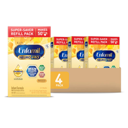 Fórmula para bebés Enfamil NeuroPro, beneficio de 5 años de MFGM*, Omega-3 DHA para el desarrollo del cerebro recomendado por expertos, mezcla exclusiva de HuMO6 de apoyo inmunológico, fórmula infantil en polvo, leche para bebés, 31.4 oz (paquete de 4)