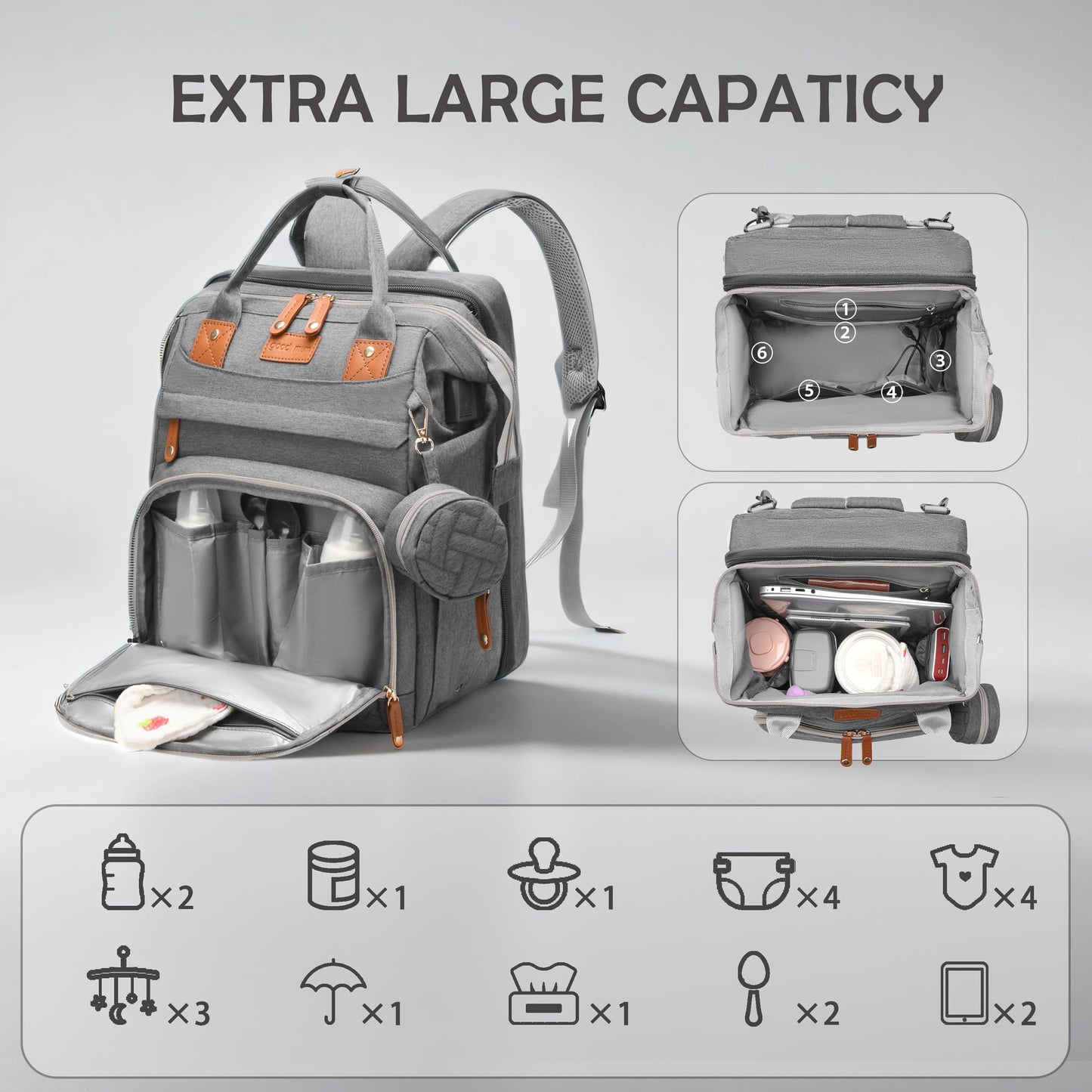 CESAILT Diaper Bag Backpack with Changing Station, Multifunction Travel Baby Bag, Waterproof Baby Tote, Large Capacity Mommy Bag, Newborn Essentials Backpack Bag, Unisex, Gray