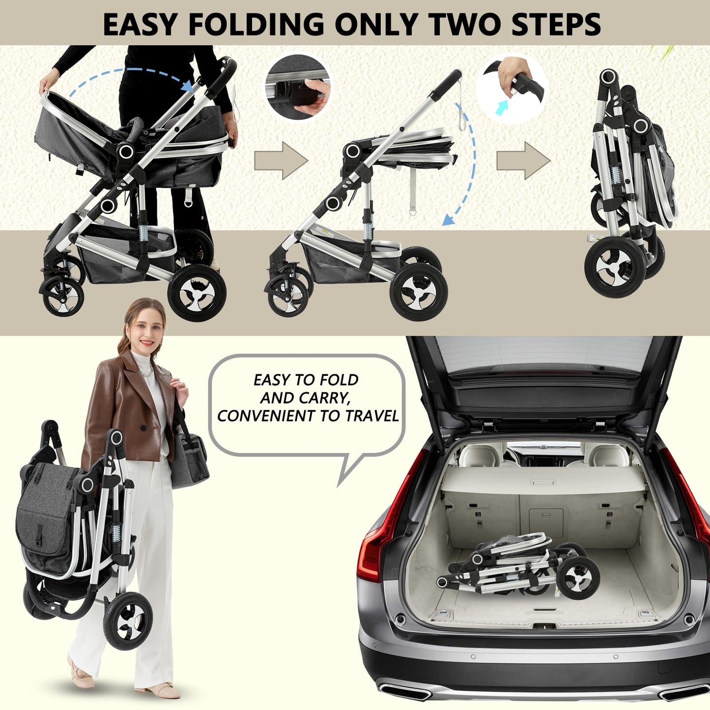 Kinder King 2 in 1 Convertible Baby Stroller, Folding High Landscape Infant Carriage, Newborn Reversible Bassinet Pram, Adjustable Canopy, Diaper Bag, Anti-Shock Toddler Pushchair Dark Grey