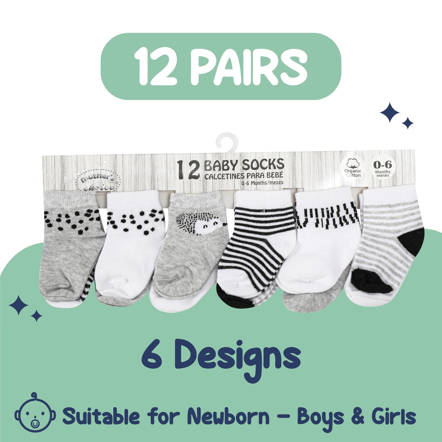 Baby Socks 0-6 Months, Organic Cotton Infant Socks, Unisex, Soft & Hypoallergenic Newborn Socks, 12 Pairs