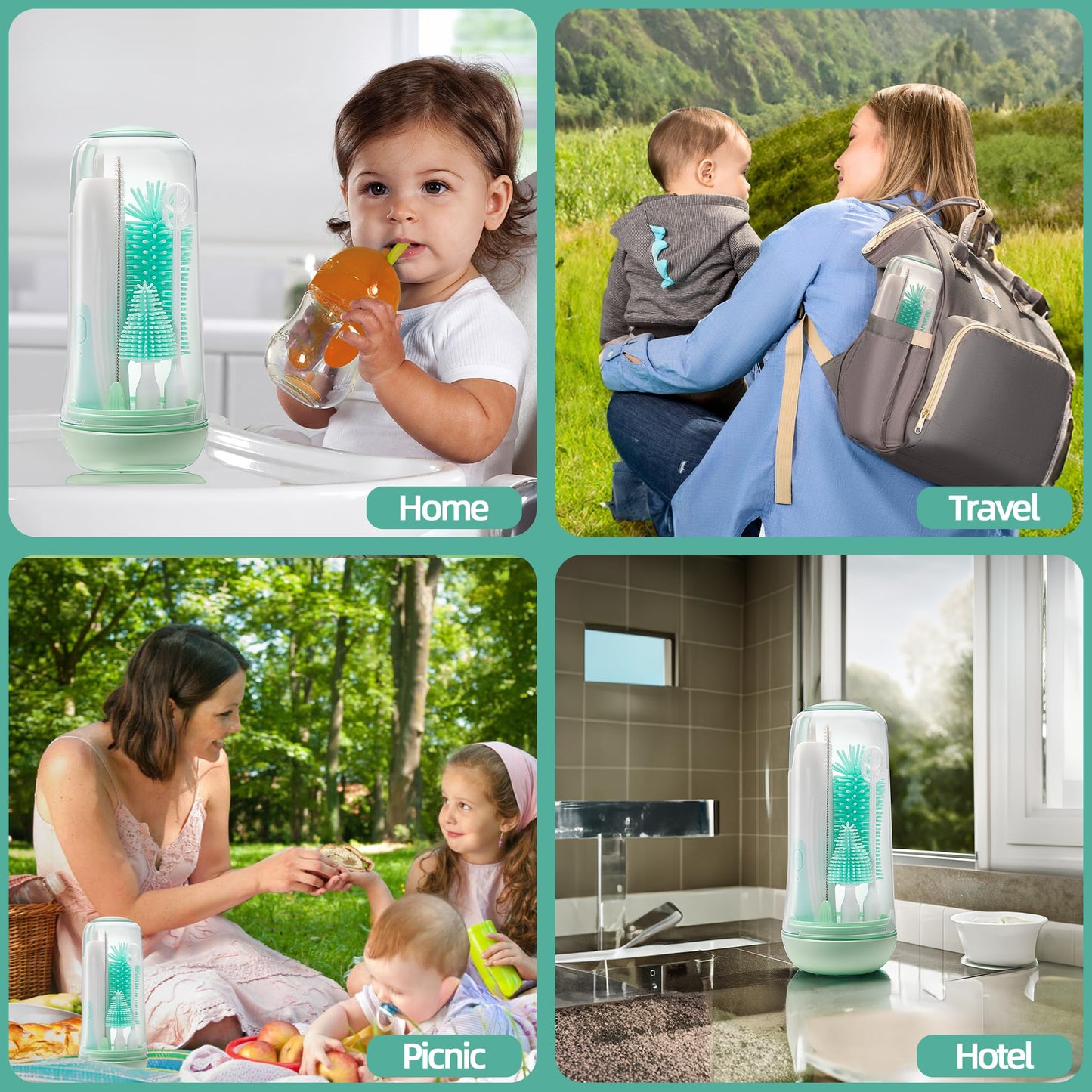 Electric Bottle Brush Cleaner, Rechargable Electric Baby Bottle Brush for Travel, Waterproof Electric Bottle Cleaner Set with Nipple & Straw Brush, Perfect Essentials Gift for Mom After Birth, Green