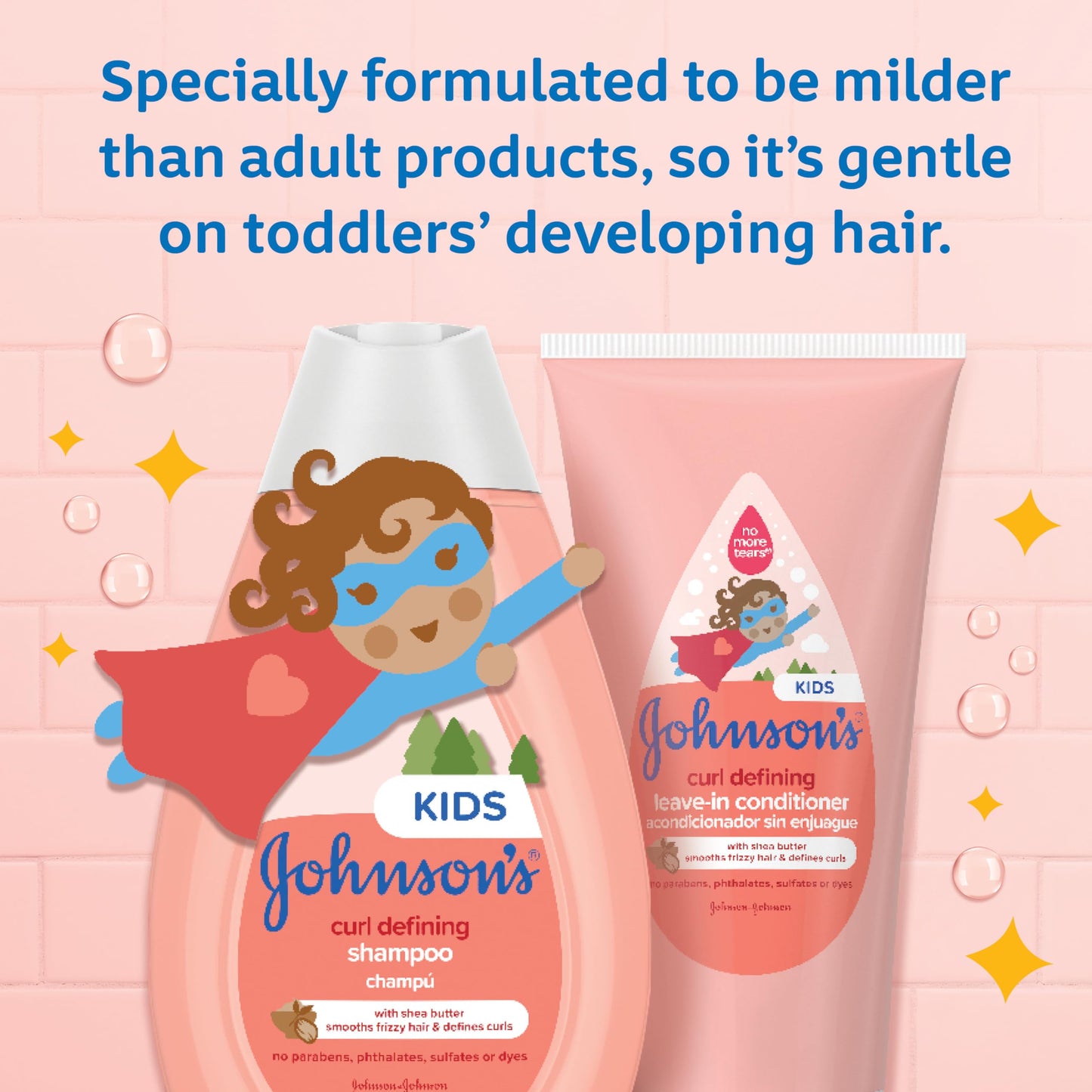 Johnson's Baby Champú para niños que define los rizos, control del encrespamiento, sin desgarros, con manteca de karité, fórmula sin parabenos, sulfatos ni colorantes, hipoalergénico y suave para el cabello de los niños pequeños, 13.6 fl. onz