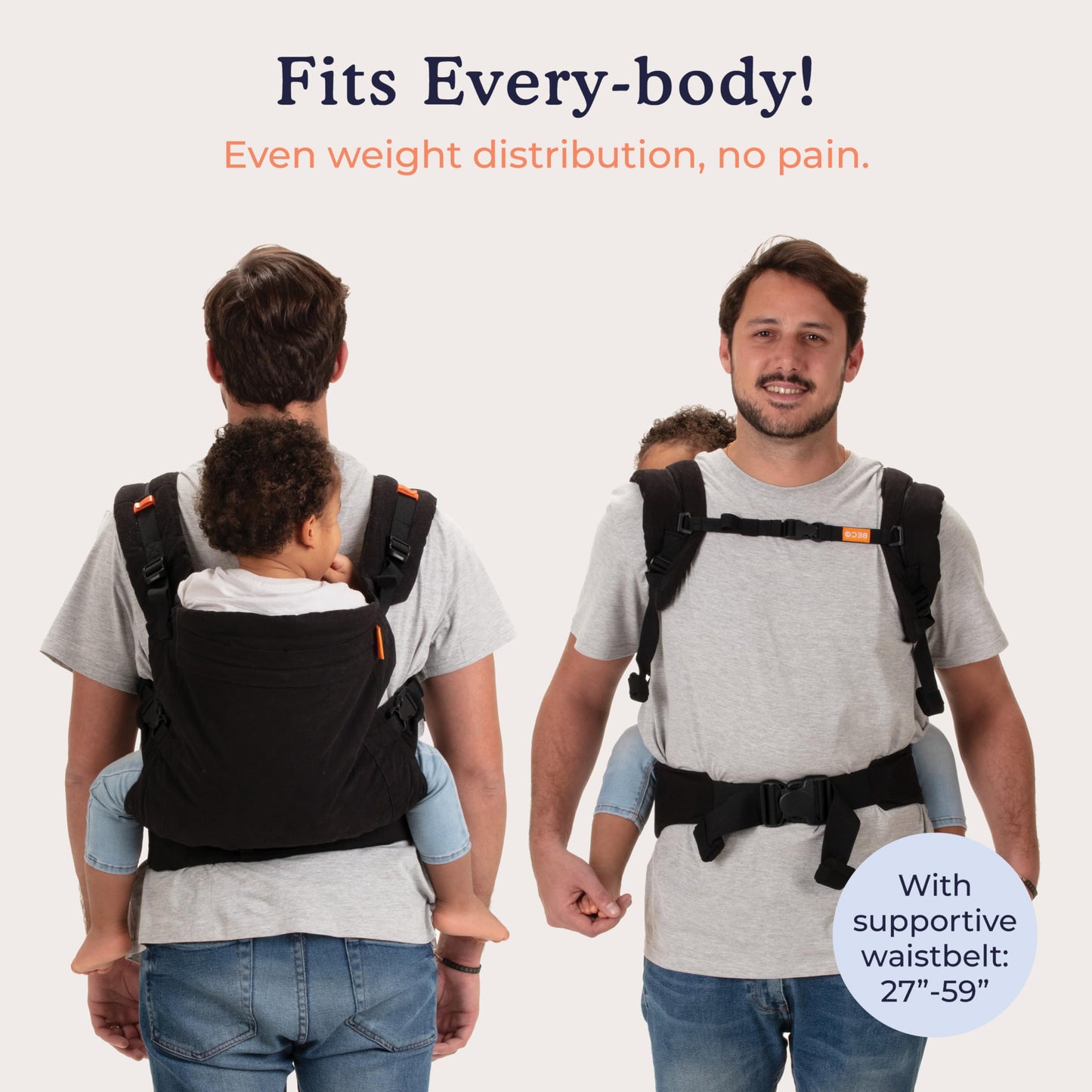 Beco Portabebés con asiento extra ancho, estilo mochila 100% algodón y transporte frontal, portabebés ligero y transpirable, portabebés para niños de 20 a 60 libras (negro metro)