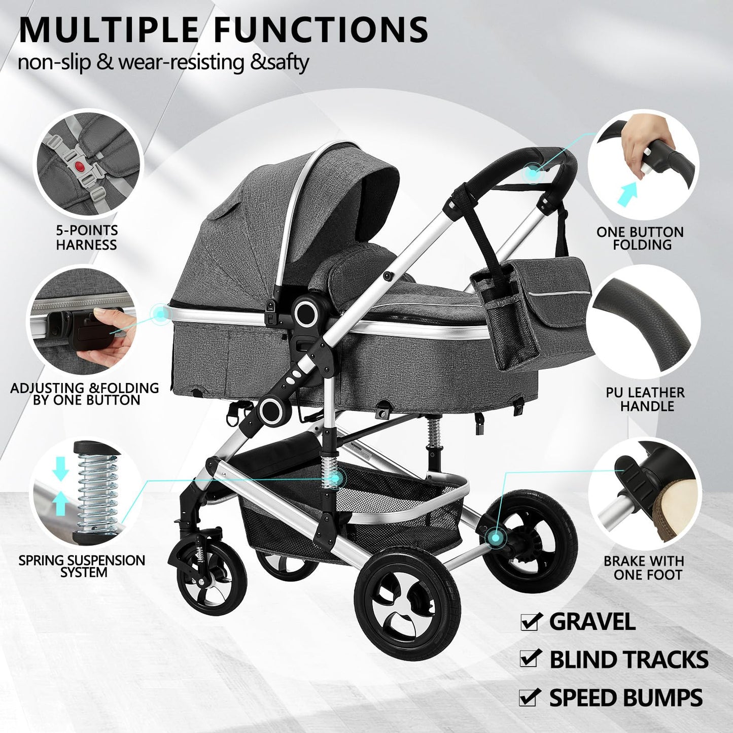 Kinder King 2 in 1 Convertible Baby Stroller, Folding High Landscape Infant Carriage, Newborn Reversible Bassinet Pram, Adjustable Canopy, Diaper Bag, Anti-Shock Toddler Pushchair Dark Grey