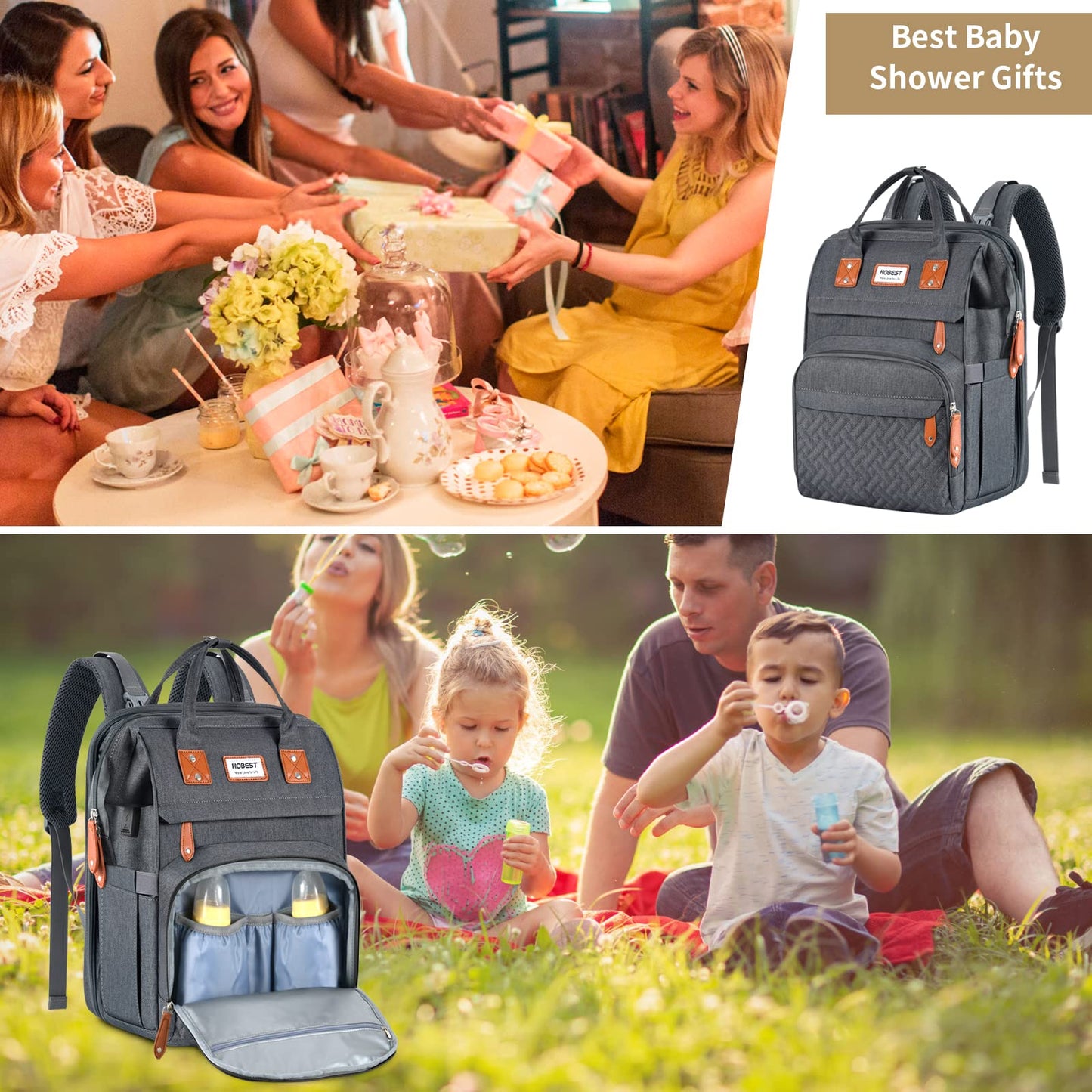 HOBEST Diaper Bag Backpack, Multifunction Large Travel Diaper Bag with Changing Pad and USB Charging Port for Moms Dads, Waterproof Unisex Baby Bag for Boys Girls, Baby Registry Search