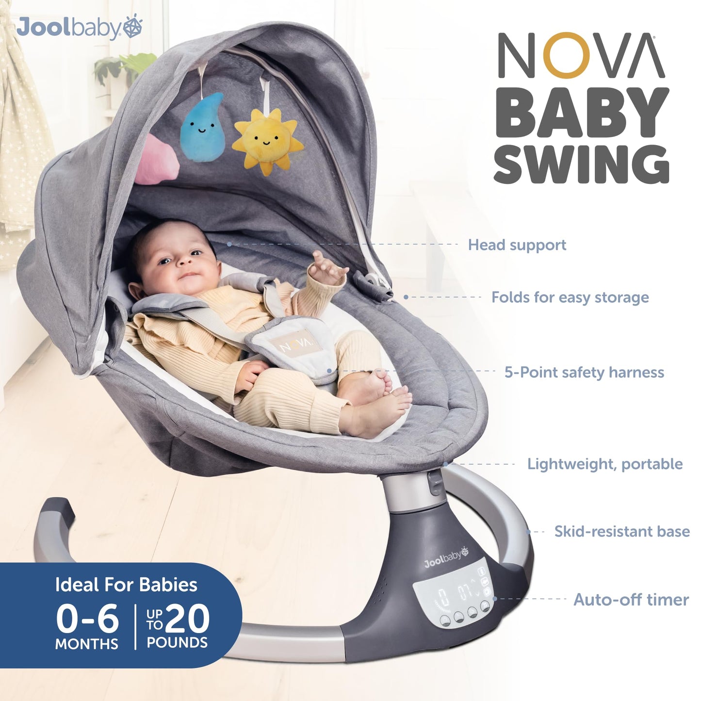 Nova Baby Swing para recién nacidos - Columpio infantil eléctrico motorizado, música Bluetooth, 10 melodías preestablecidas, control remoto (modelo 2024) - Jool Baby