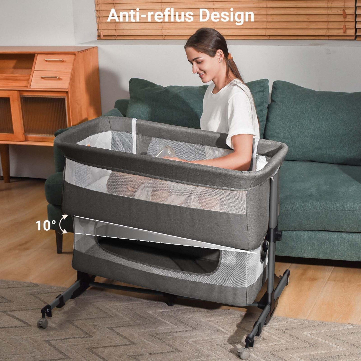 Baby Crib,3 in 1 Baby Bassinet Bedside Crib Adjustable Portable Bed for Infant,Baby Newborn Must Have Bed,Grey