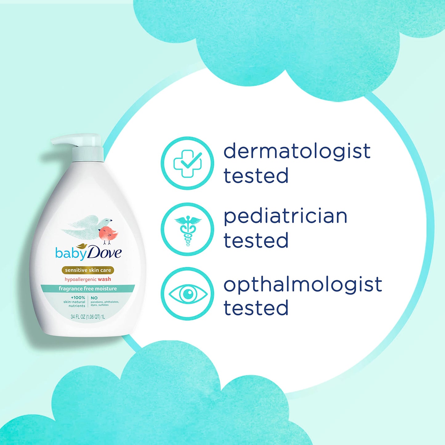 Baby Dove Cuidado de la piel sensible Jabón para bebé Sin fragancia Humedad para la hora del baño del bebé Sin fragancia e hipoalergénico, elimina las bacterias 34 oz