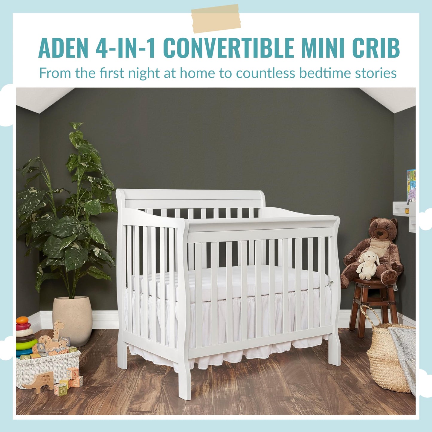 Minicuna convertible 4 en 1 Dream On Me Aden en color blanco, certificación Greenguard Gold, acabado no tóxico, madera de pino de Nueva Zelanda, con 3 ajustes de altura del colchón