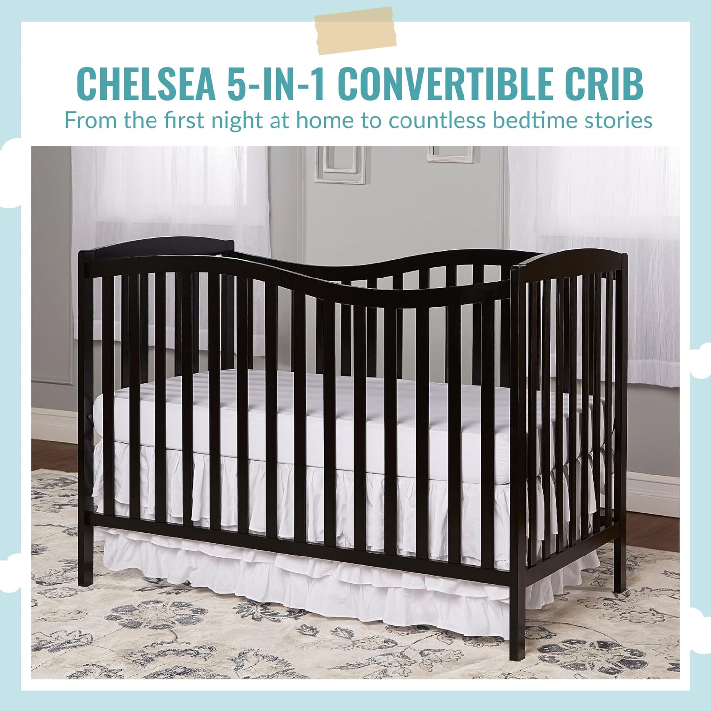Dream On Me Chelsea 5-In-1 Convertible Crib In Black, JPMA Certified