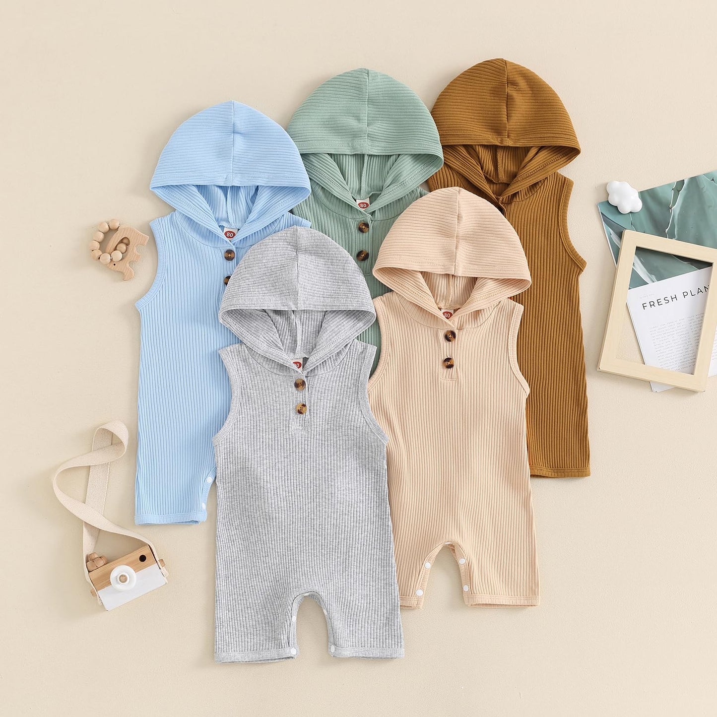 Ynibbim Newborn Infant Baby Boys One Piece Romper Summer Outfit Solid Color Ribbed Sleeveless Hood Jumpsuit Bodysuit Onesie