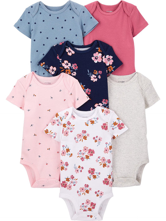 Simple Joys by Carter's Baby Girls' Short-Sleeve Bodysuit, Pack of 6, Multicolor/Ditsy Floral/Floral/Polka Dot/Tropical, 0-3 Months