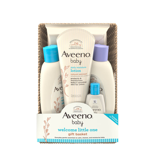 Aveeno Baby Welcome Little One Cesta de regalo, juego de cuidado de la piel para bebé con gel de baño y champú para bebé, gel de baño calmante, toallitas para todo el bebé y loción hidratante diaria, 5 artículos