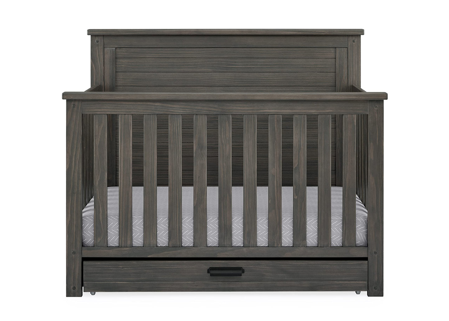 Delta Children Caden Crib 7-Piece Baby Nursery Furniture Set–Includes: Convertible Crib, Dresser, Changing Top, Crib Mattress, Sheets, Toddler Guardrail & Changing Pad, Rustic Grey