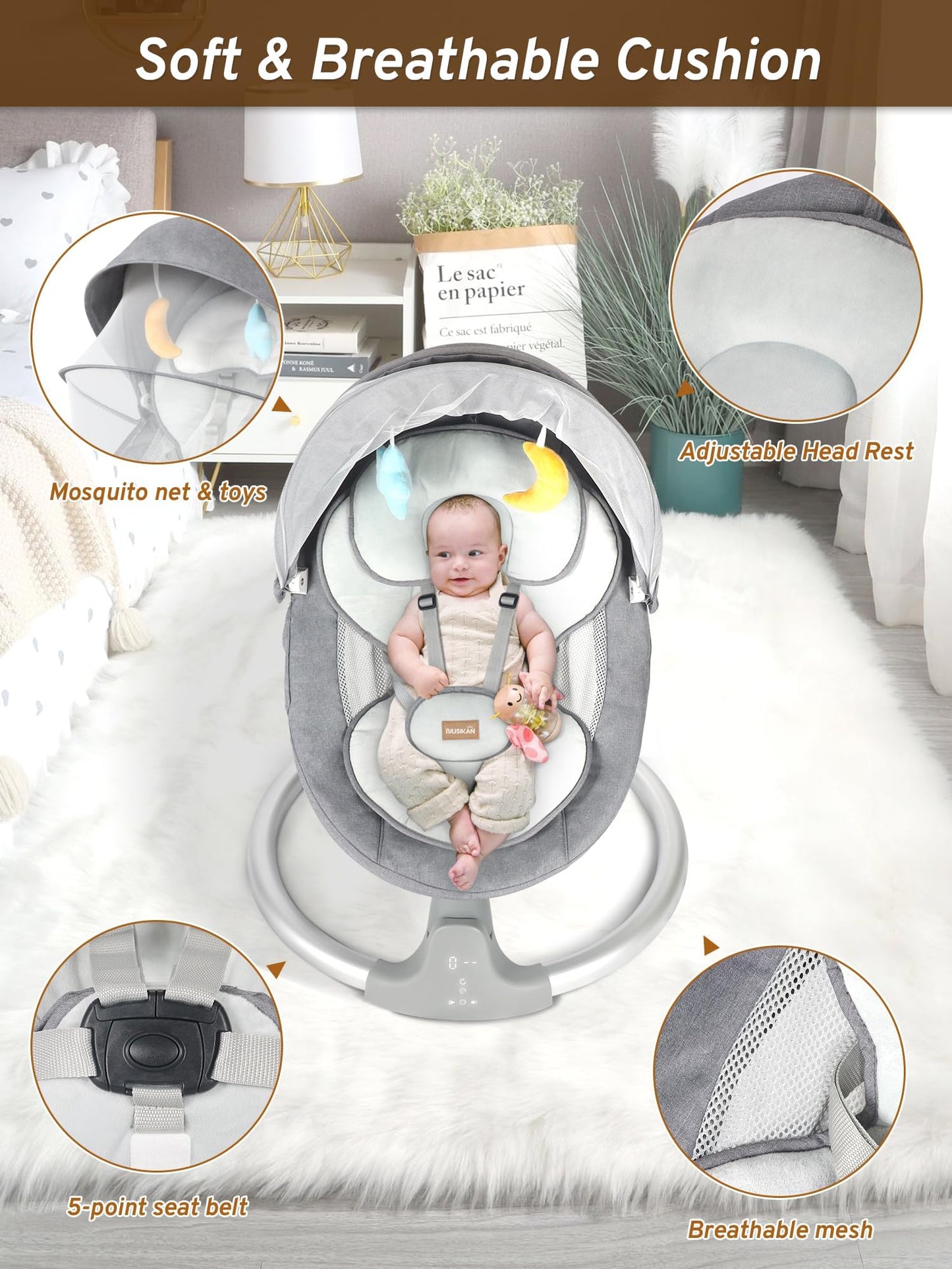 BIUSIKAN Columpios para bebés, columpio infantil con canciones de cuna, Bluetooth, 3 posiciones de asiento, pantalla táctil y control remoto, balancín para bebés al aire libre, columpio portátil para bebé