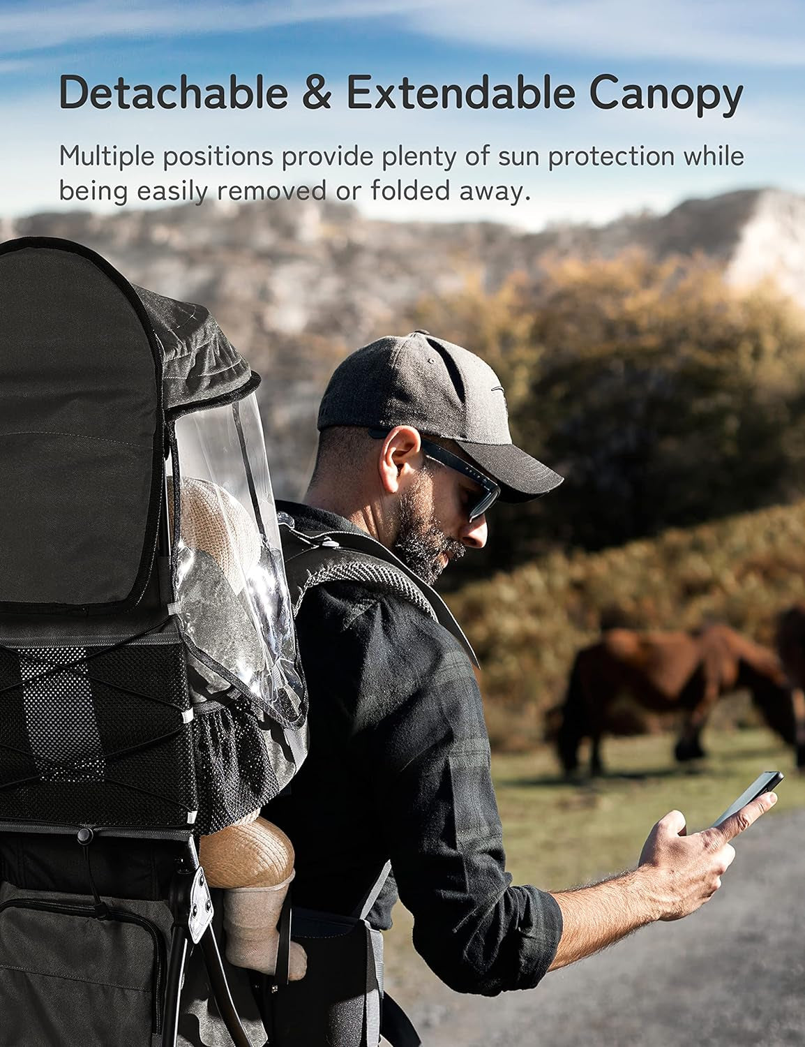 Baby Backpack Carrier, Toddler Hiking Backpack with Safety 3-Height Seat, Adjustable Straps&Waist Belt, Foldable Frame Lightweight Large Capacity Child Carrier for Hiking Black