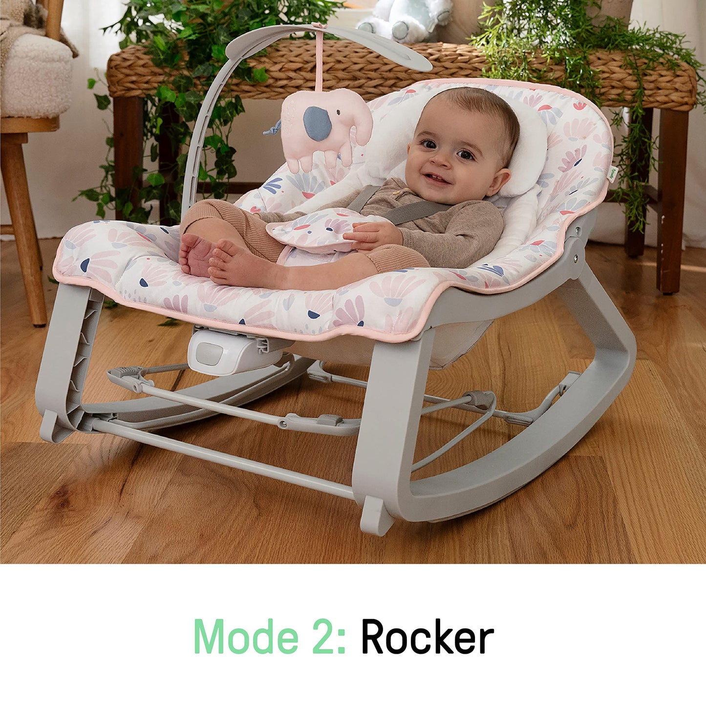 Ingenuity Keep Cozy 3 en 1 Grow with Me Asiento vibratorio para bebé y balancín para bebés a niños pequeños, vibraciones y barra de juguetes, 0-30 meses hasta 40 lbs (Ráfaga rosa)