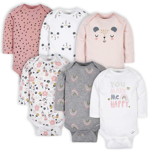 Gerber Body de manga larga para bebé niña, paquete de 6, oso rosa, 0-3 meses
