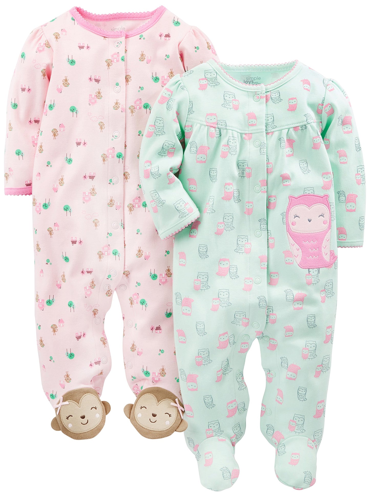 Simple Joys by Carter's Baby Girls' Cotton Snap Footed Sleep and Play, Pack of 2, Mint Green Owls/Pink Monkey, 0-3 Months