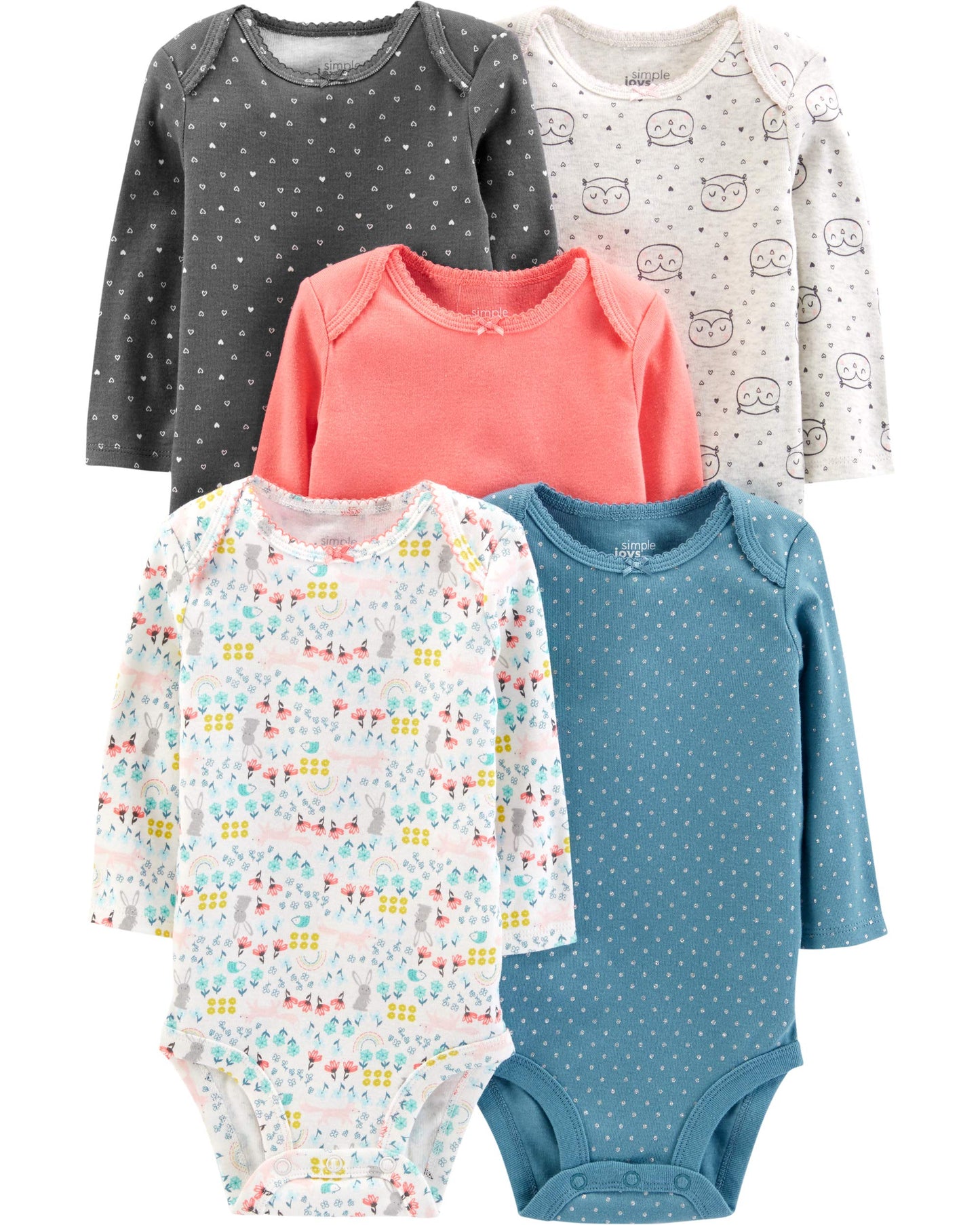 Simple Joys by Carter's Baby Girls' 5-Pack Long-Sleeve Bodysuit, Dots/Floral/Hearts/Owl, 6-9 Months