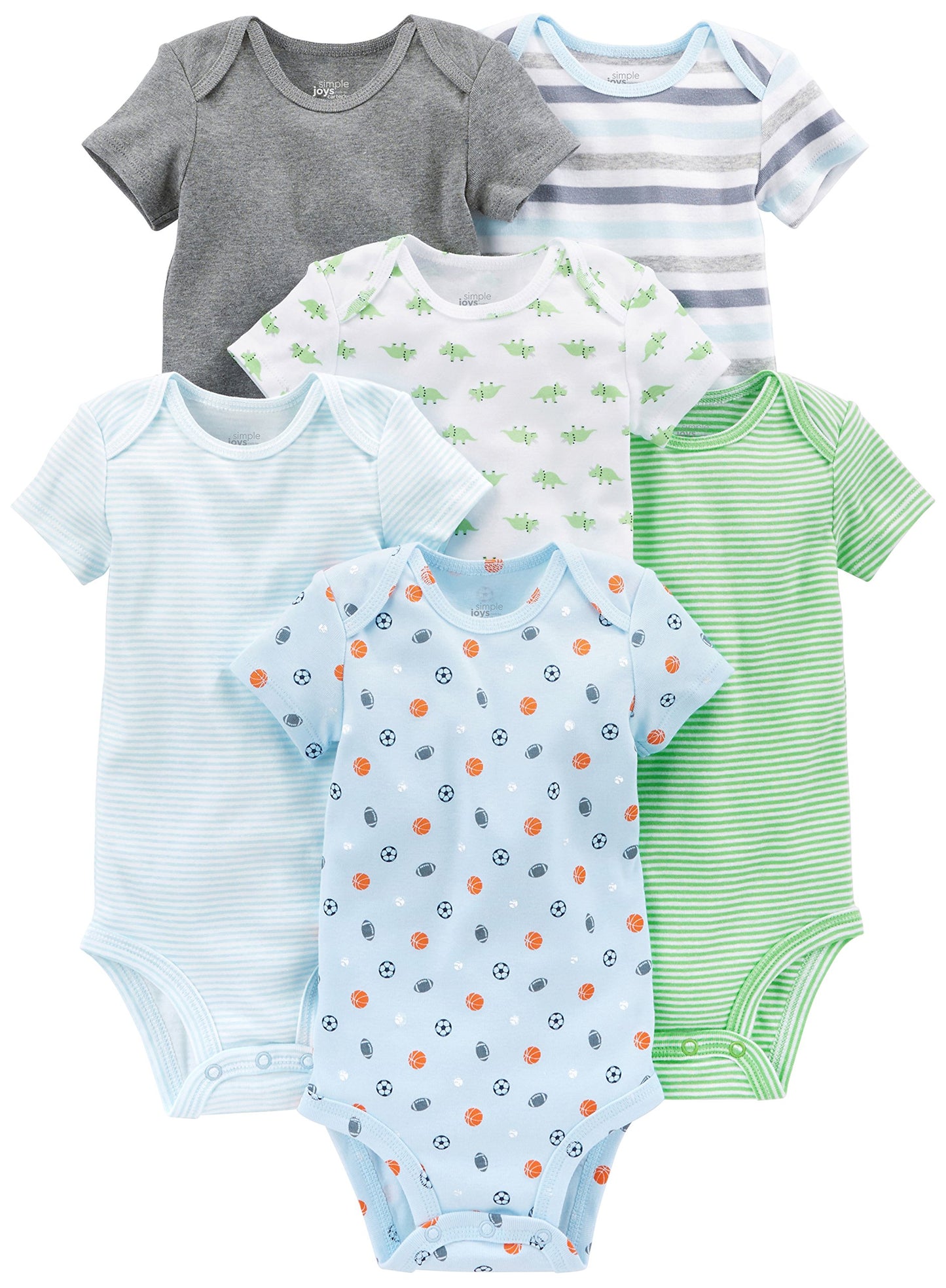 Simple Joys by Carter's Baby Boys' 6-Pack Short-Sleeve Bodysuit, Multicolor/Dinosaur/Sports/Stripe, 0-3 Months