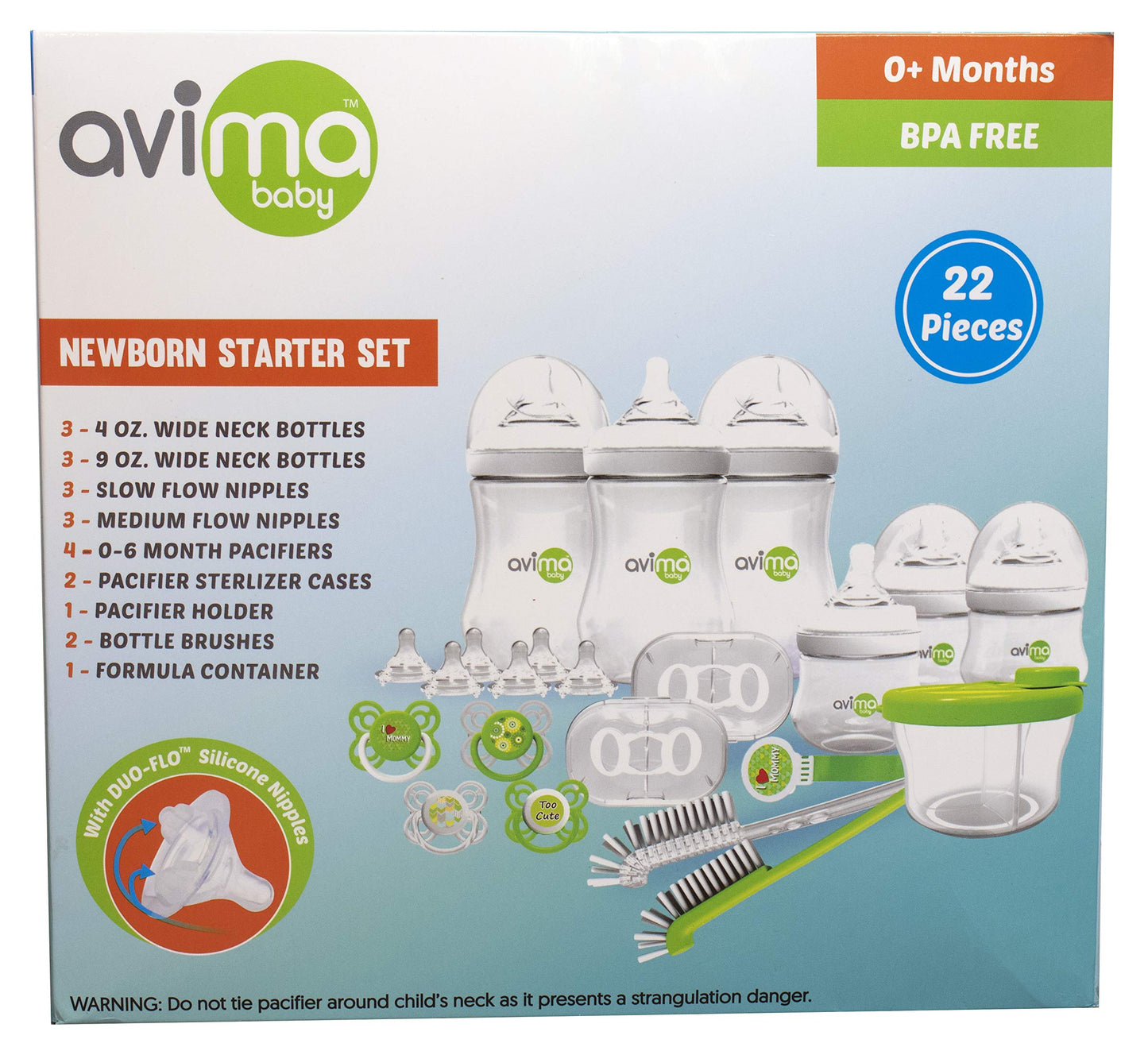 Avima Newborn Baby Bottle Starter Set. Anti-Colic Wide Neck Bottles with Slow and Medium Flow Nipples. 22 Piece Set