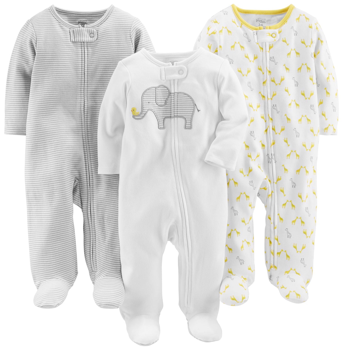 Simple Joys by Carter's Baby 3-Pack Neutral Sleep and Play, Light Grey Mini Stripe/White Elephant/Giraffe, 0-3 Months