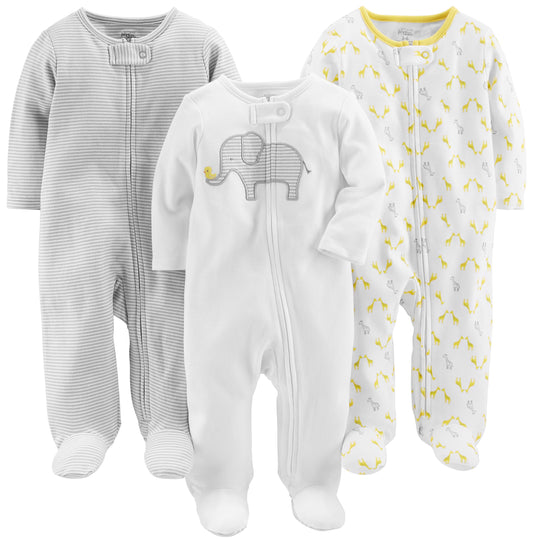 Simple Joys by Carter's Baby 3-Pack Neutral Sleep and Play, Light Grey Mini Stripe/White Elephant/Giraffe, 0-3 Months