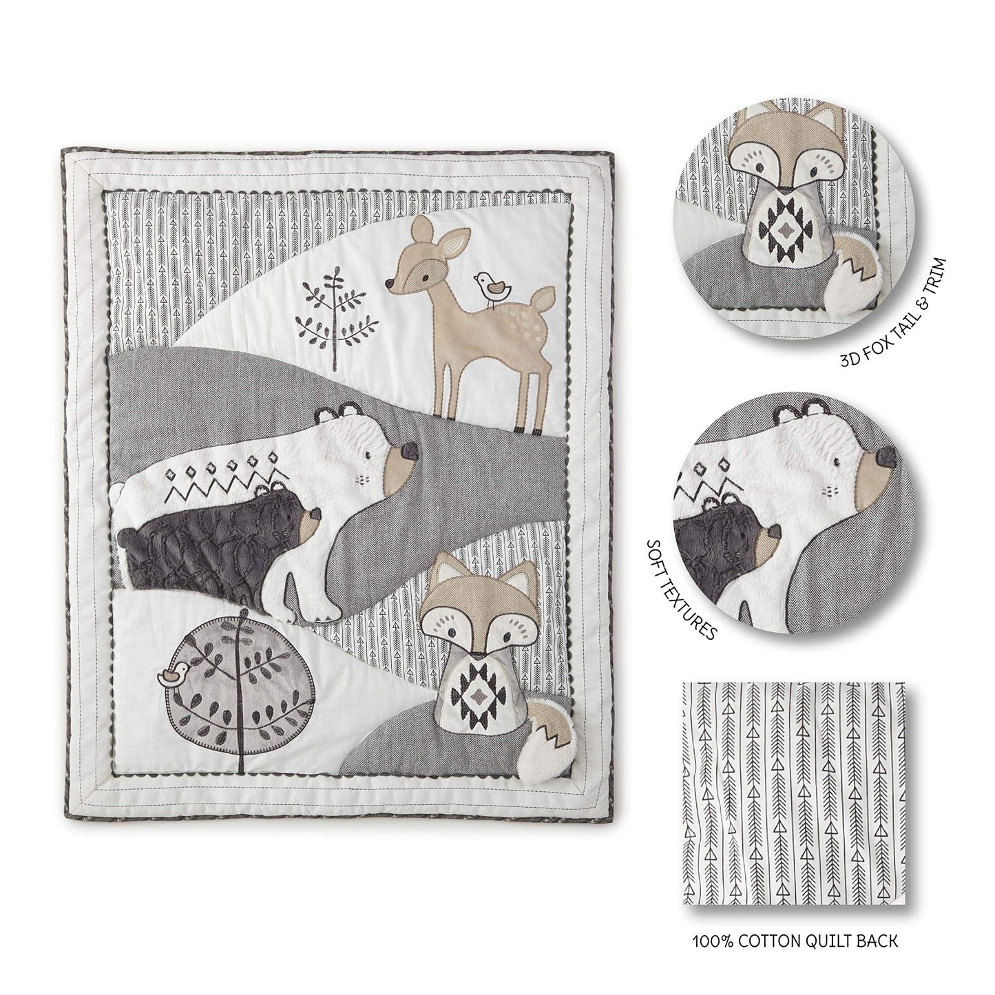 Levtex Baby - Juego de cama para cuna Bailey - Juego de guardería para bebé - Carbón, gris topo, blanco - Tema de bosque neutro - Juego de 5 piezas que incluye edredón, sábana ajustable, apilador de pañales, calcomanía de pared y falda/volantes antipolvo