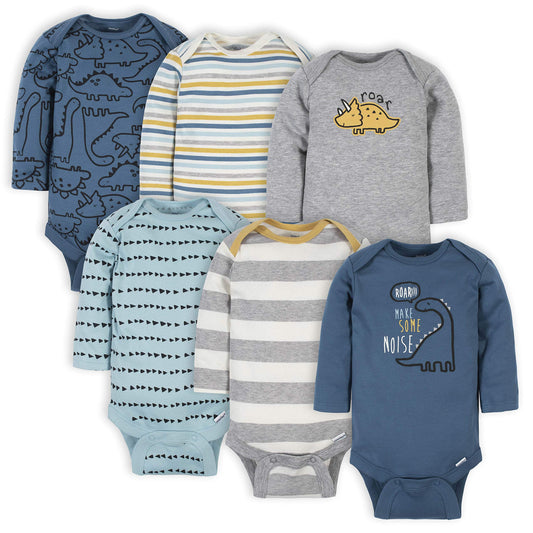 Gerber Body de manga larga para bebés, paquete de 6, color azul dinosaurio, 0-3 meses