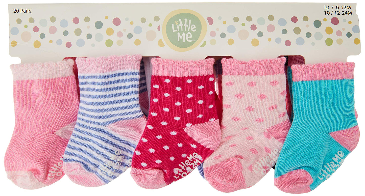 Little Me 20-Pair Newborn Baby Infant & Toddler Girls Socks, 0-12/12-24 Months, Assorted Size Pack, Multi, 20 count (Pack of 1)