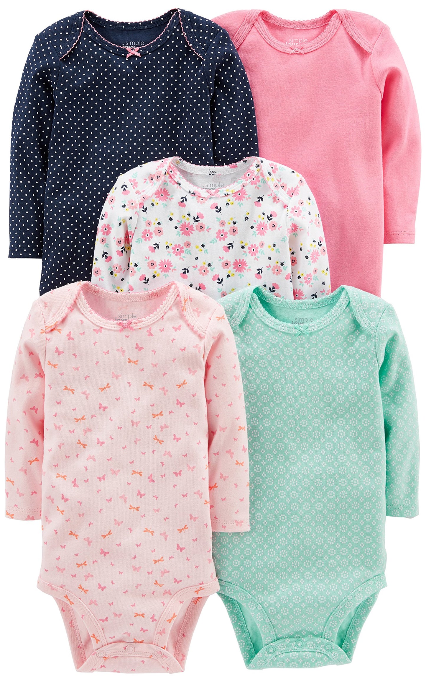 Simple Joys by Carter's Baby Girls' 5-Pack Long-Sleeve Bodysuit, Mint Green/Navy Dots/Pink/Butterflies/Floral, 6-9 Months