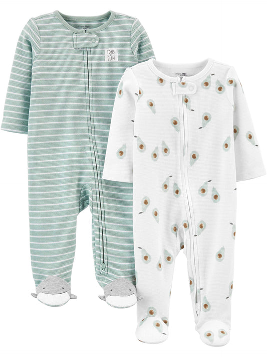 Simple Joys by Carter's Baby 2-Way Zip Thermal Footed Sleep and Play, Pack of 2, Mint Green Stripe/White Avocados, 0-3 Months