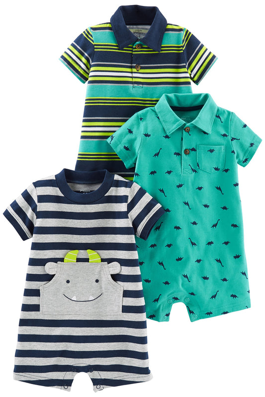 Simple Joys by Carter's Baby Boys' 3-Pack Rompers, Green Dinosaur/Navy Stripe/Yellow Stripe, 3-6 Months