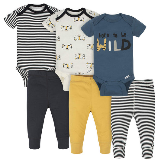 Onesies Brand Conjunto unisex para bebé, 3 monos y 3 pantalones, mezcla y combina, recién nacido hasta 12 meses, rayas de tigre amarillas y negras, 0-3 meses