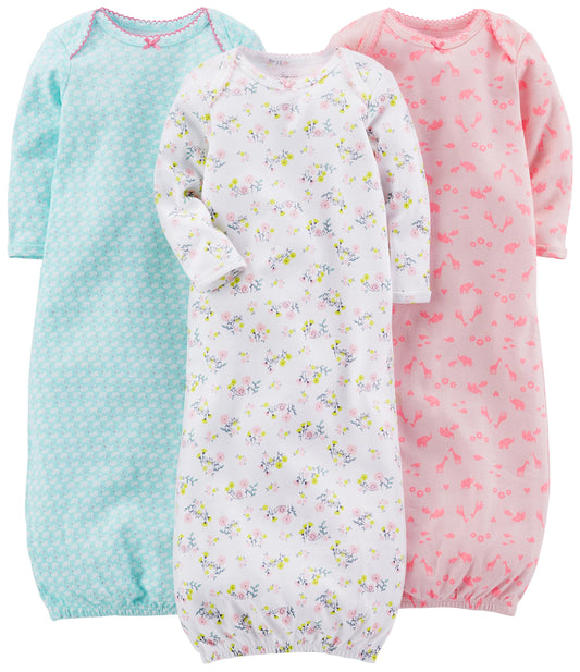 Simple Joys by Carter's Baby Girls' 3-Pack Cotton Sleeper Gown, Blue Ducks/Pink Animal/White Floral, 0-3 Months