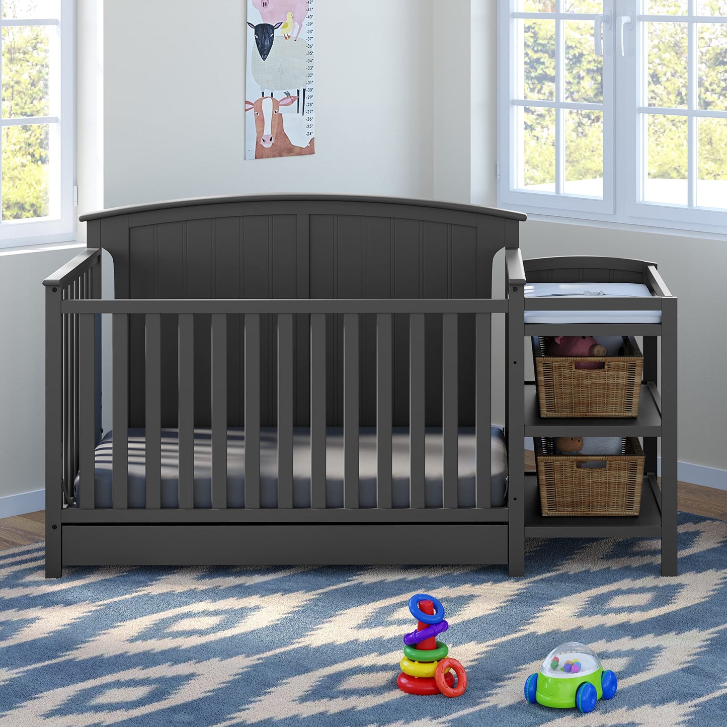 Storkcraft Steveston 5-in-1 Convertible Crib and Changer with Drawer (Gray) – GREENGUARD Gold Certified, Crib and Changing Table Combo with Drawer, Converts to Toddler Bed, Daybed and Full-Size Bed