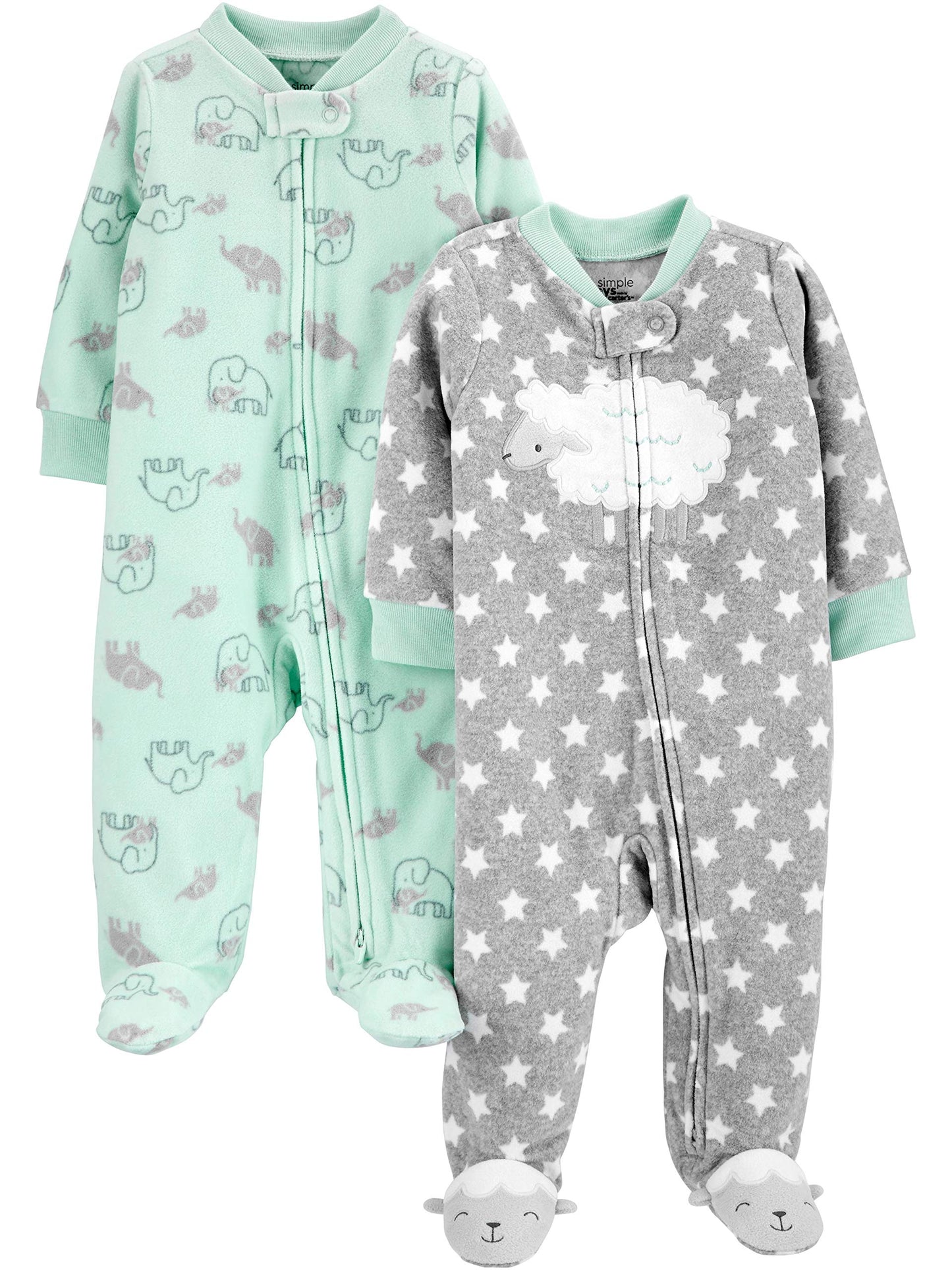 Simple Joys by Carter's Baby 2-Pack Neutral Fleece Footed Sleep and Play, Grey Stars/Mint Green Elephant, 3-6 Months