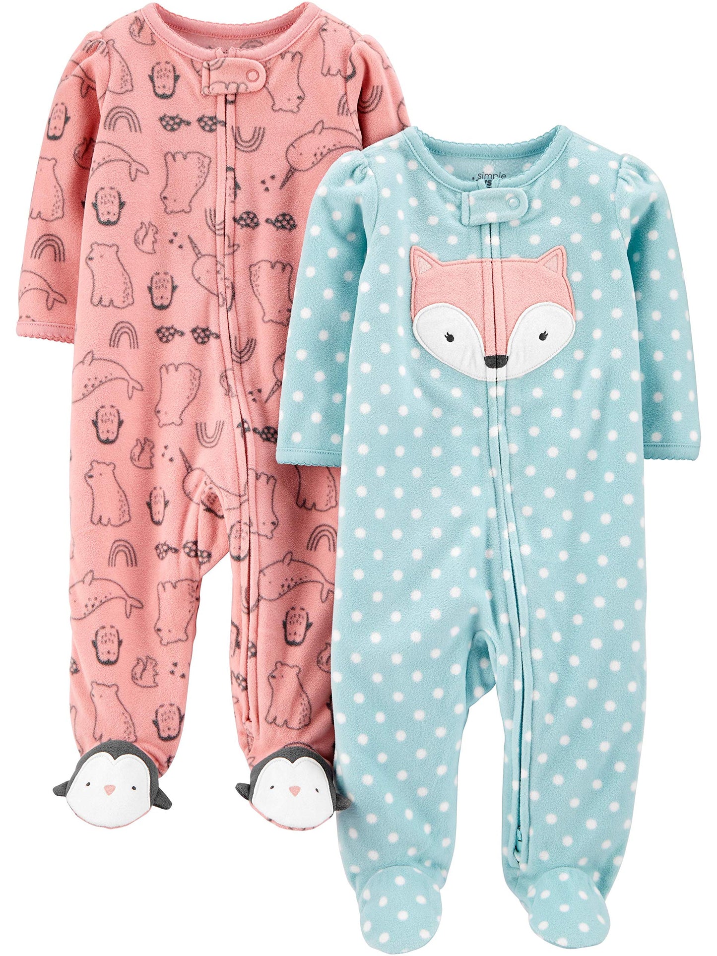 Simple Joys by Carter's Baby Girls' Fleece Footed Sleep and Play, Pack of 2, Blue Fox/Peach Animal, 6-9 Months