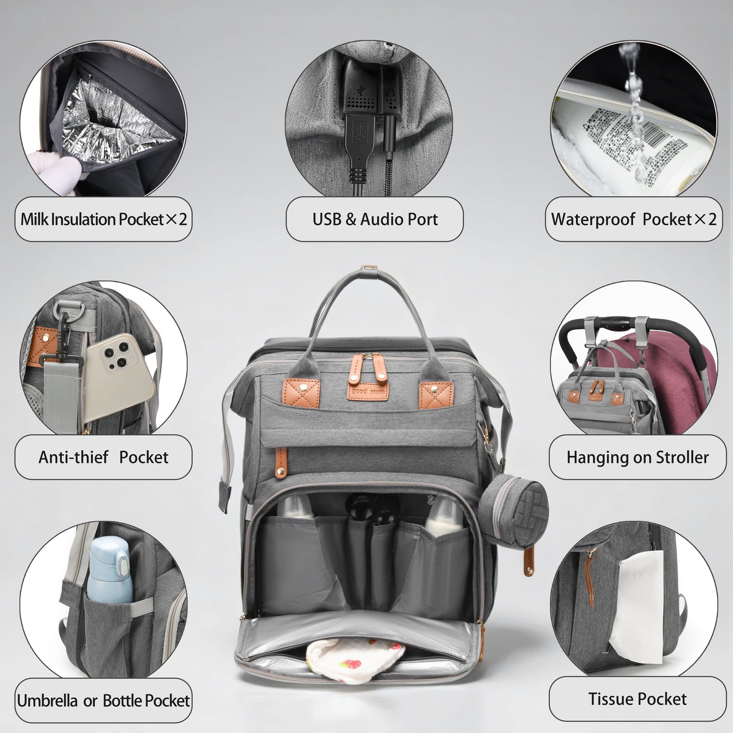 CESAILT Diaper Bag Backpack with Changing Station, Multifunction Travel Baby Bag, Waterproof Baby Tote, Large Capacity Mommy Bag, Newborn Essentials Backpack Bag, Unisex, Gray