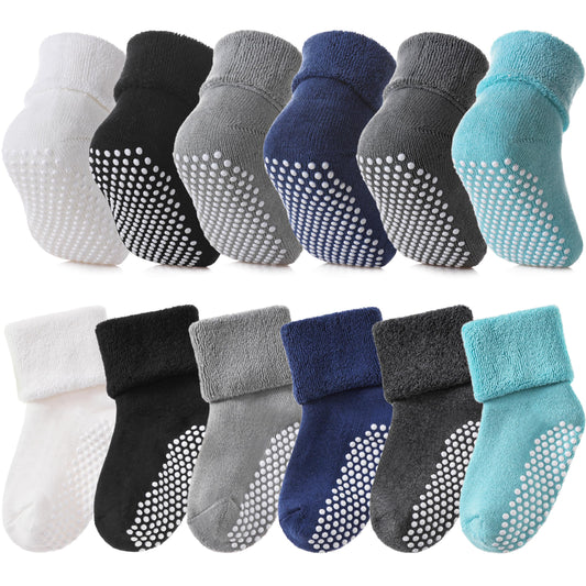 SDBING Baby Boys Girls Grips Socks Infant Toddlers Kids Non Slip Warm Thick Cotton Ankle Crew Socks with Grippers (1-3T, 6 Pairs Solid Color)