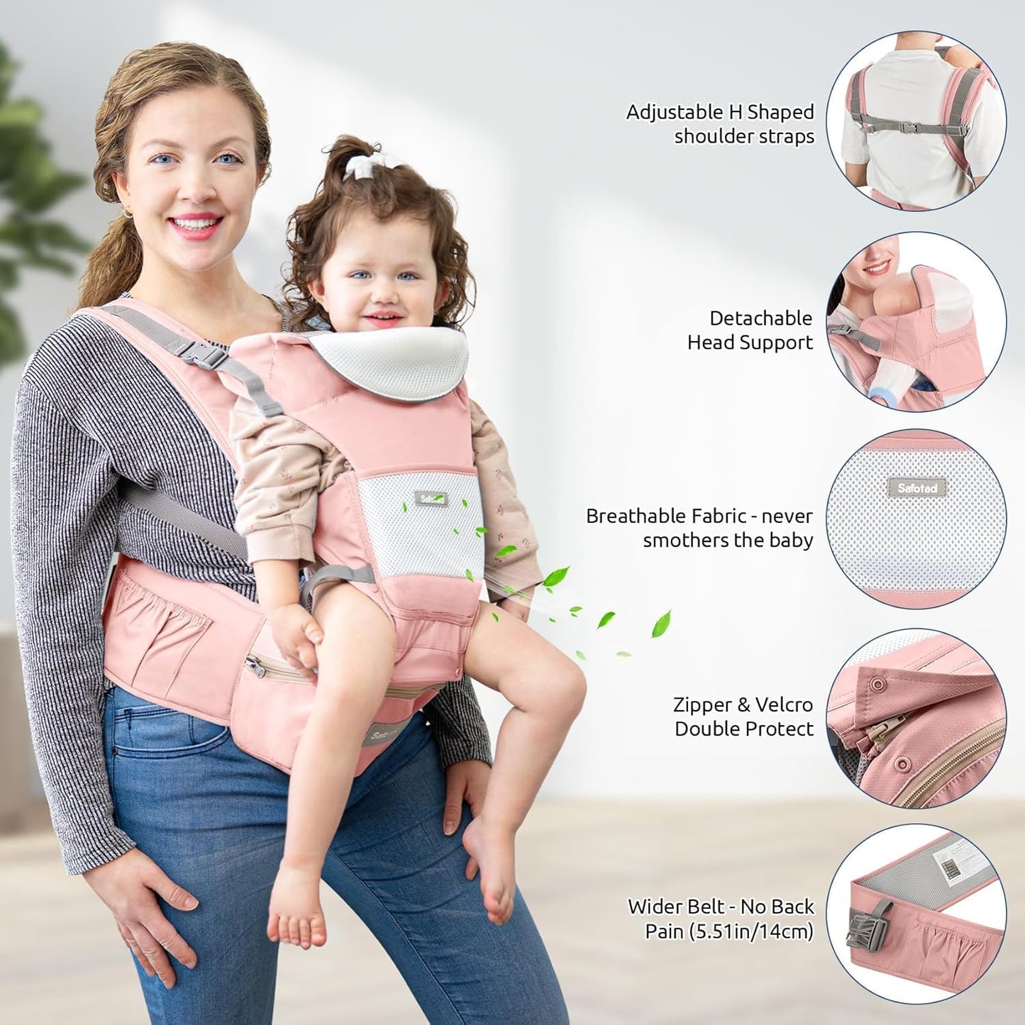Baby Carrier with Hip Seat,Ergonomic M Position 6In1 Baby Carrier Newborn to Toddler,Head Support and Breathable Mesh Newborn Carrier,Adjustable Baby Holder Carrier for Dad&Mom-Pink