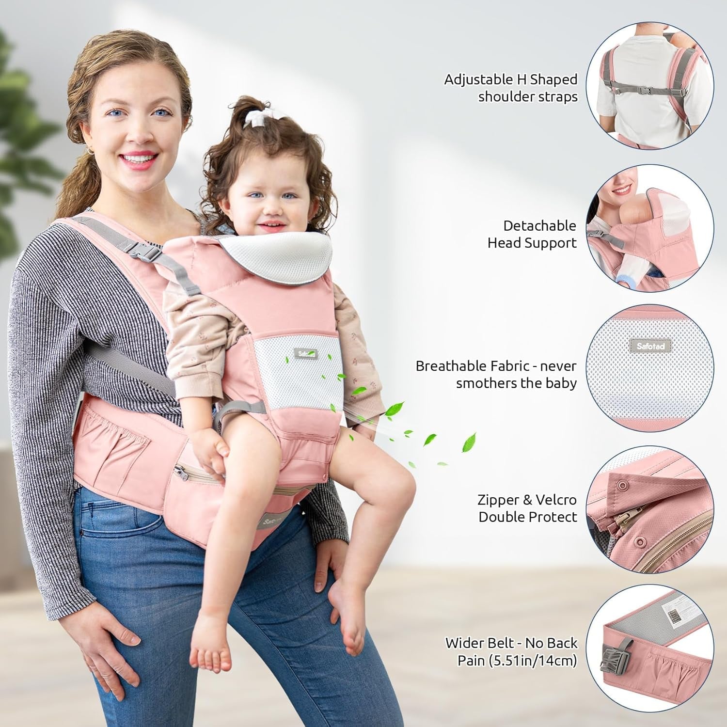 Baby Carrier with Hip Seat,Ergonomic M Position 6In1 Baby Carrier Newborn to Toddler,Head Support and Breathable Mesh Newborn Carrier,Adjustable Baby Holder Carrier for Dad&Mom-Pink