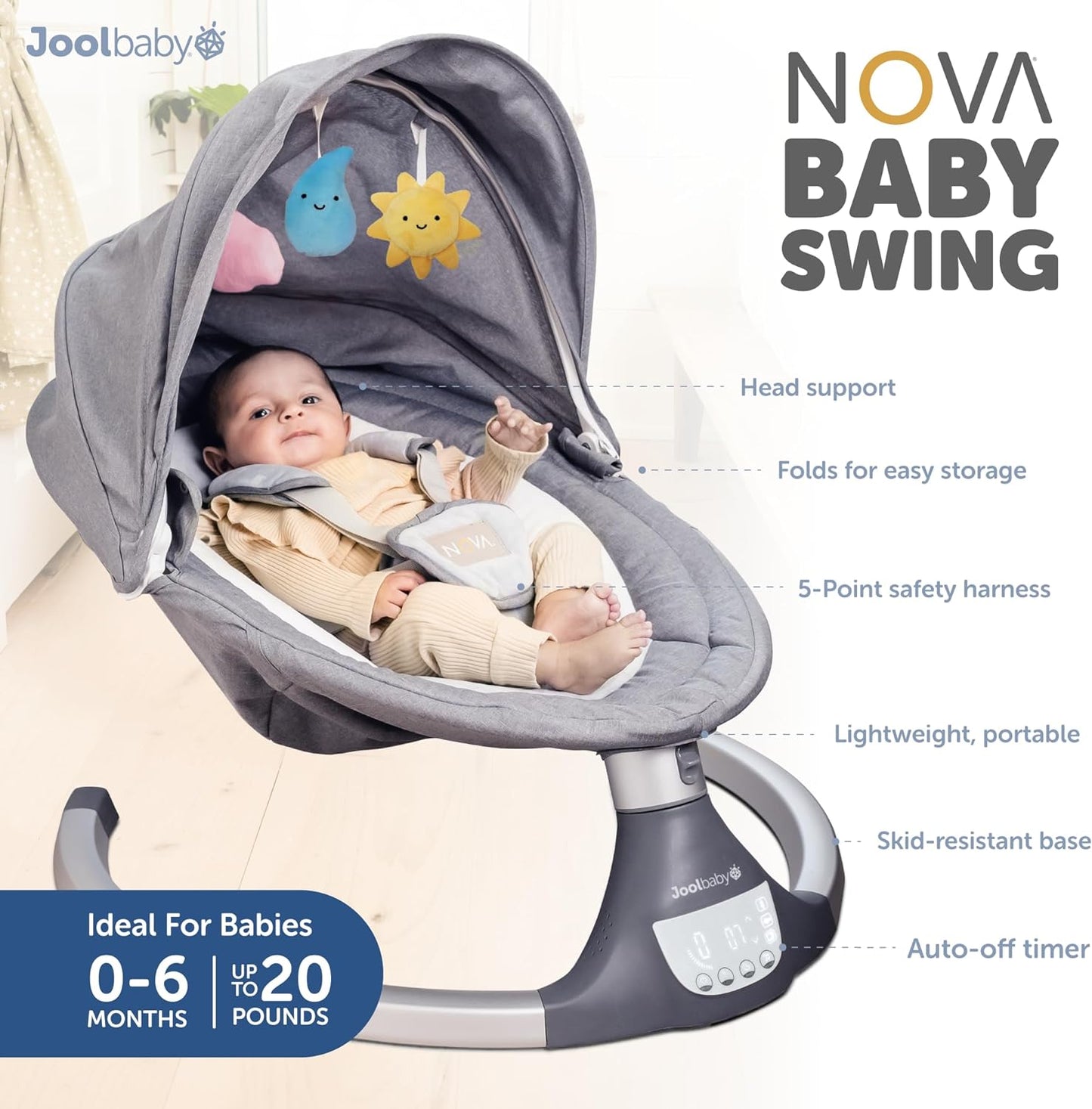 Nova Baby Swing for Newborns - Electric Motorized Infant Swing, Bluetooth Music, 10 Preset Melodies, Remote (2024 Model) -